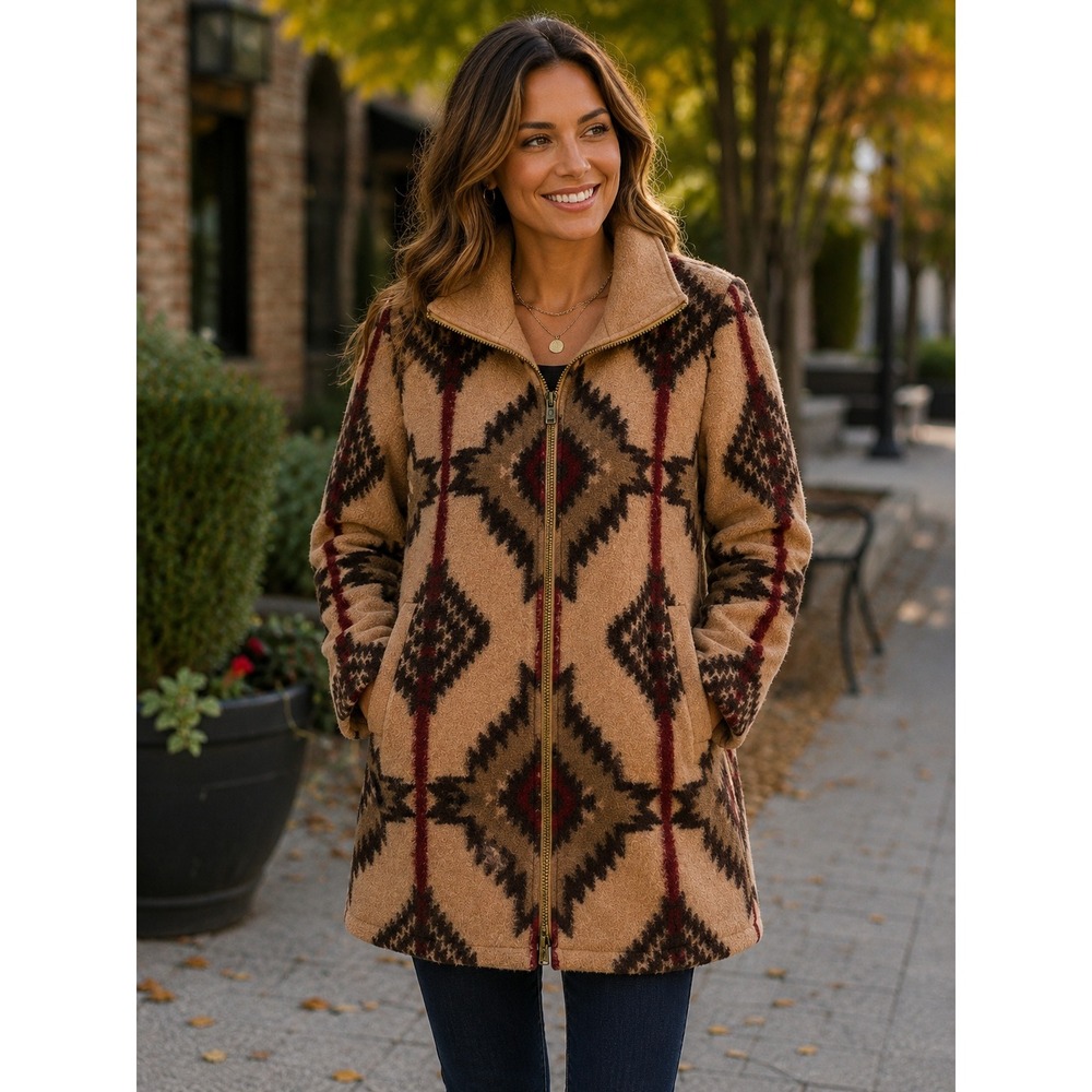 Pendleton Women Harding Geometric Wool Blend Zip Front Coat Tan Brown Red Small